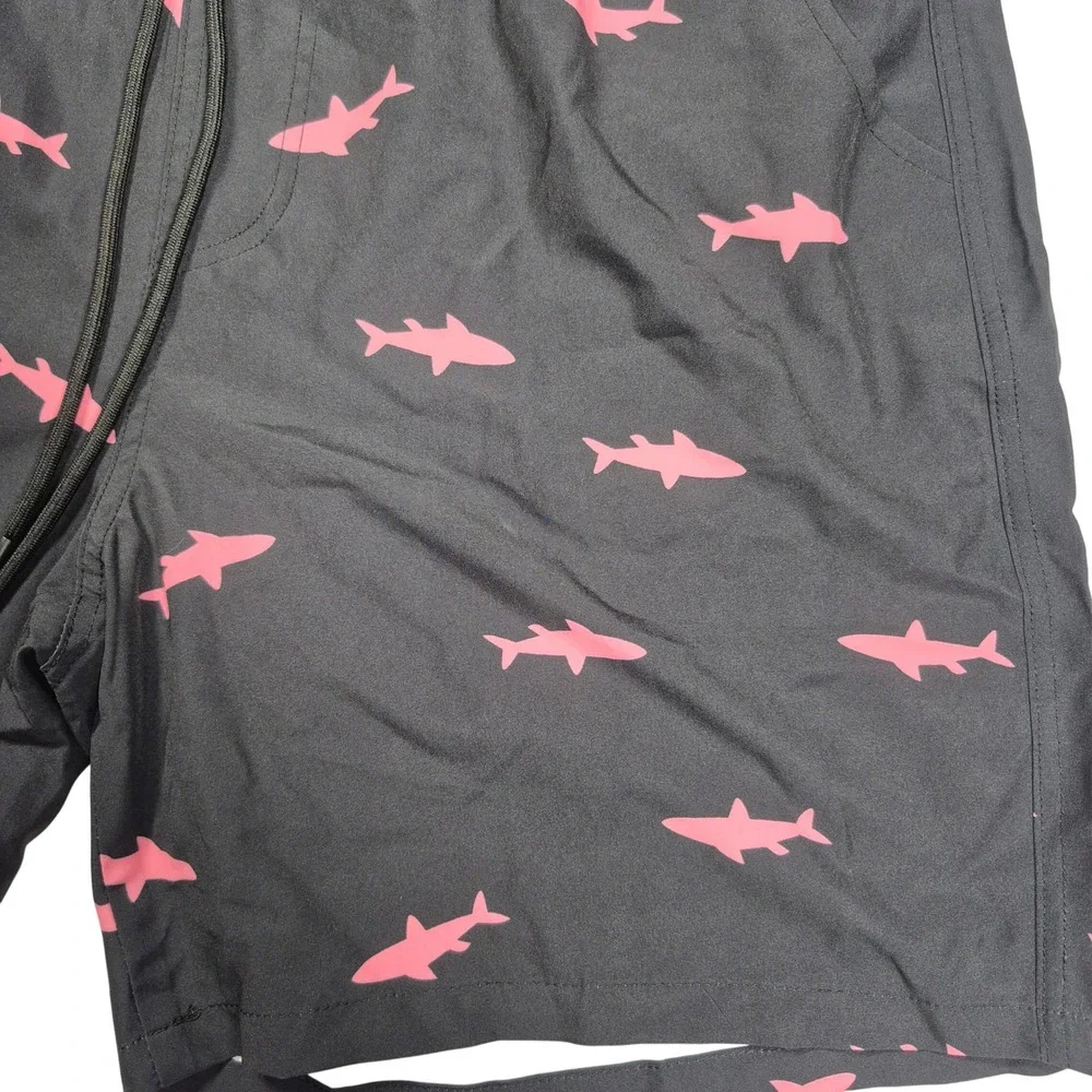 Mens Shark Print Swim Trunks XL Black‎ Pink Beach Board Shorts Compession Lining